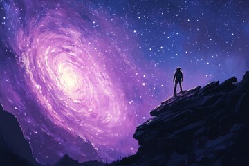 Obraz premium Astronaut Gazing at a Purple Spiral Galaxy from a Clifftop