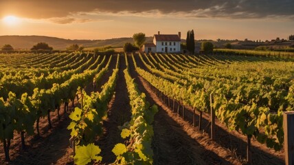 Vineyard Sunset: Tuscan Farmhouse Amidst Golden Vines