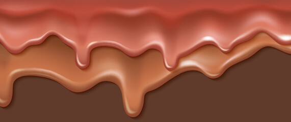 Caramel and chocolate drip texture. Vector realistic illustration of brown paint splash, sweet candy melting, ice cream flowing down dessert, cake or donut decoration, glossy glaze, cupcake frosting