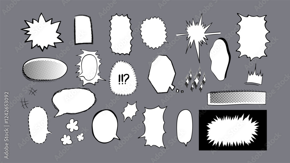 Poster set of hand drawn speech bubbles and design elements in manga style. vector text boxes of various sh