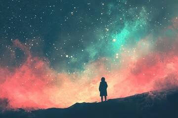 Solitary Figure Gazing at a Cosmic Colorful Sky