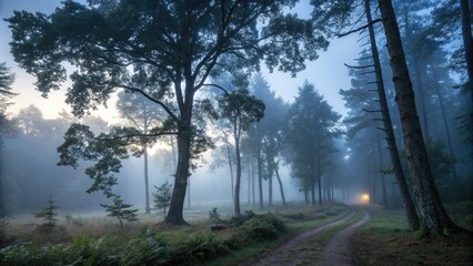 Obraz premium Dense mist or fog surrounds a mystical forest at dusk, natural wonder, subtle shadows