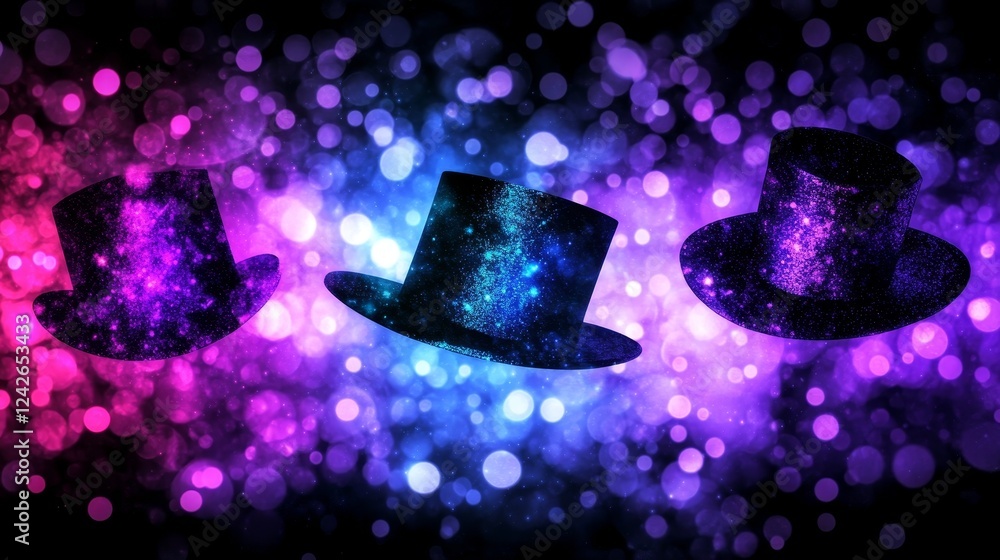 Poster sparkling top hats on glittering bokeh background