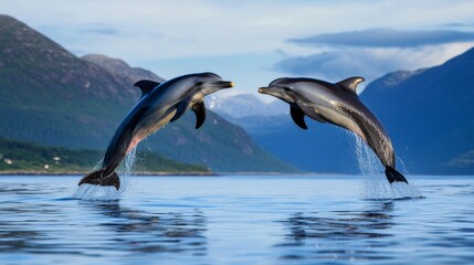 Obraz premium Dolphins Leap of Joy Over Mountain Bay - Two dolphins playfully leap from the ocean, symbolizing freedom, joy, grace, marine life