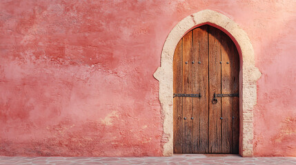 An ancient Arabic Moroccan oriental wooden door set against a pink cracked wall, providing space for copy.