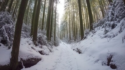 Fototapeta premium Snowy Forest Path: A Winter Wonderland Hike