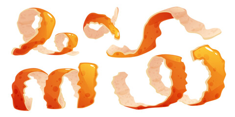 Orange peel set isolated on white background. Vector realistic illustration of fresh fruit skin spiral, tangerine, mandarin, lemon rind, citrus juice, jam or summer cocktail cooking ingredient