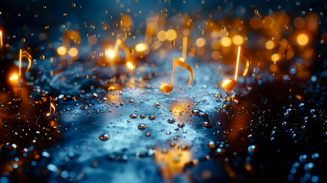 Music notes and music staft floating and spreading hyper realistic abstact background.