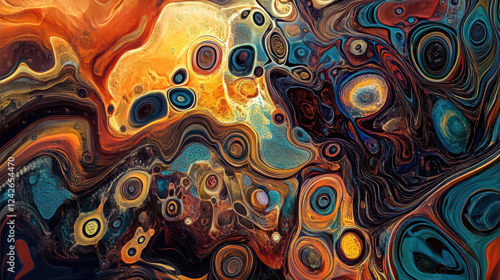 Poster abstract art depicting vibrant colors and swirling patterns, showcasing flow of information and ener