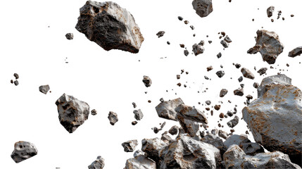 Cluster of Asteroids Floating in Space isolated on transparent white background, clipping path