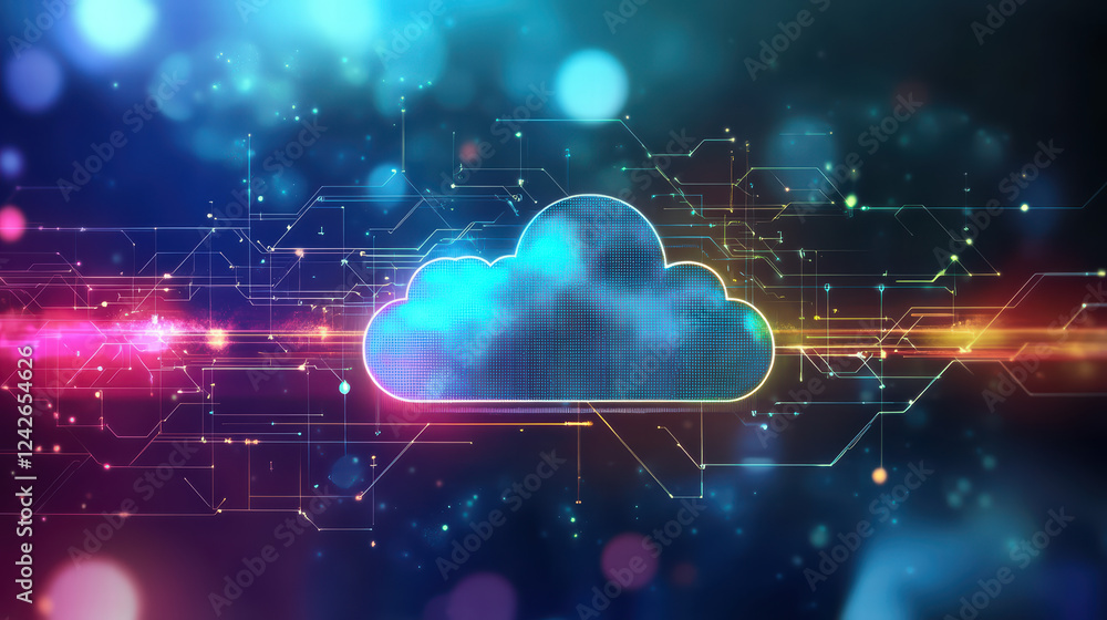 Poster vibrant abstract representation of cloud symbol surrounded by digital circuits and glowing lights, i
