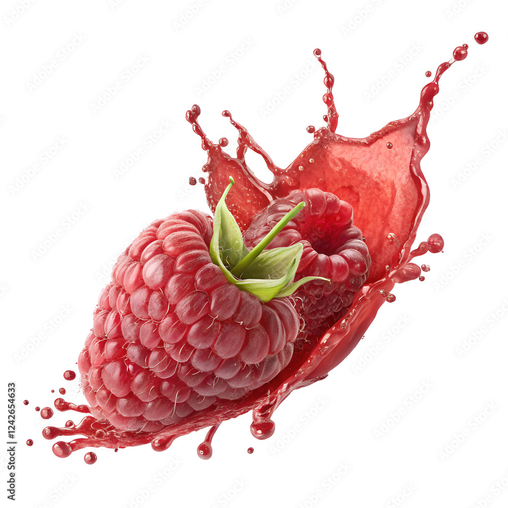 Poster fresh raspberry and juice splashing isolated on transparent background png image