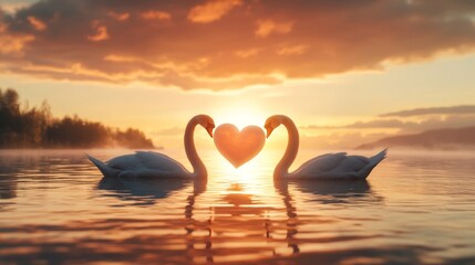 Fototapeta premium Swans Sunset Heart - Two swans forming a heart shape at sunset, symbolizing love, romance, peace, unity, and hope.