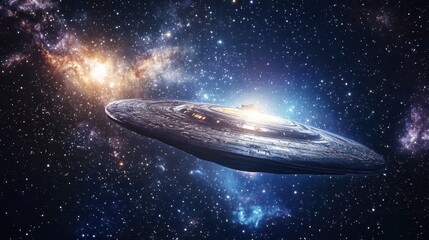 Obraz premium Spaceship Soaring Through Cosmic Nebulae And Stars