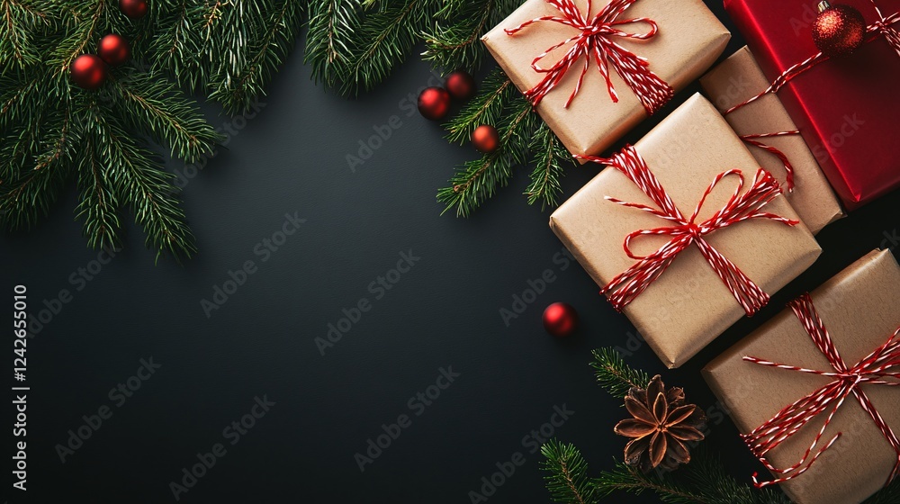 Poster christmas background with gift boxes wrapped in kraft paper and decorated with red and white string 