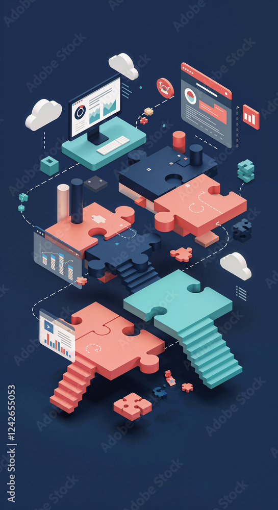Poster isometric scene with puzzles of software development process or business management abstract digital