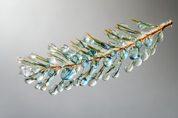 Fototapeta premium Close-up of a pine branch adorned with glistening water droplets, showcasing intricate details and vibrant colors.