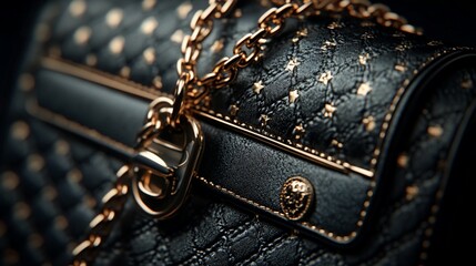 Elegant black handbag with gold chain detail, showcasing luxury craftsmanship against a dark backdrop