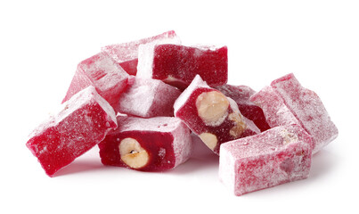 Turkish delight with hazelnuts displayed on a white background showcasing sweet confectionery