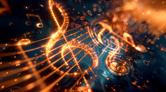 Music notes and music staft floating and spreading hyper realistic abstact background.