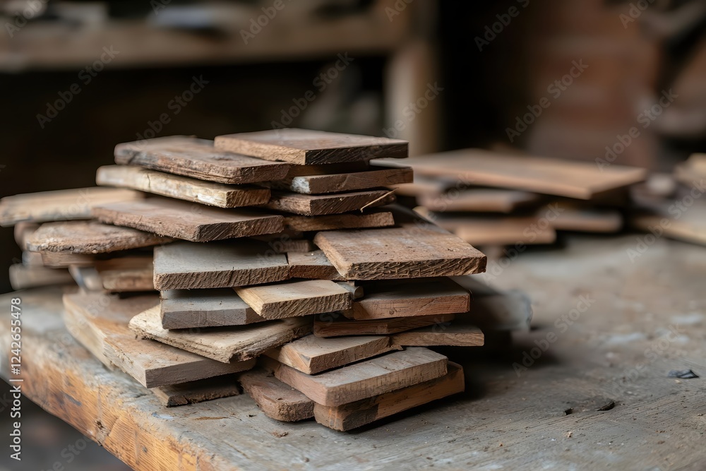 Poster rustic wooden scraps stacked on workshop table