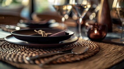 Obraz premium A close-up shot of a woven placemat on a dining table, with a plate, cutlery, and a glass of wine placed elegantly on top, capturing intricate textures and soft lighting.