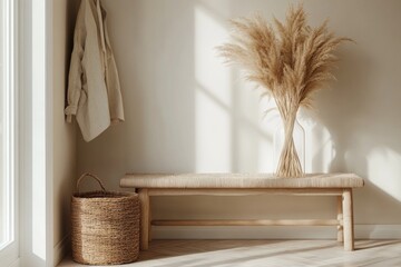 Cozy wooden bench in a minimalist room with natural light