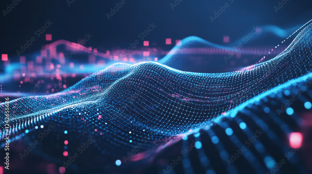 Poster digital landscape with vibrant waves and glowing particles, showcasing abstract technology and data 