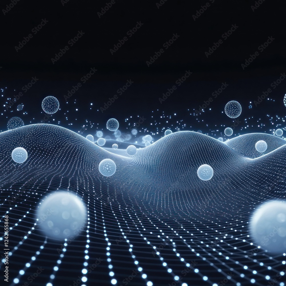 Poster abstract floating spheres over blue wave grid with bokeh background for science or technology use