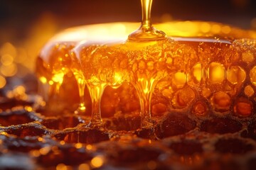 Golden honeycomb dripping with fresh honey