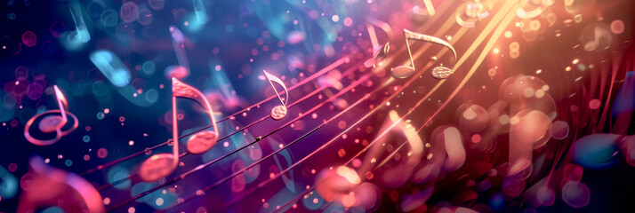Obraz premium Music notes and music staft floating and spreading hyper realistic abstact banner template background.