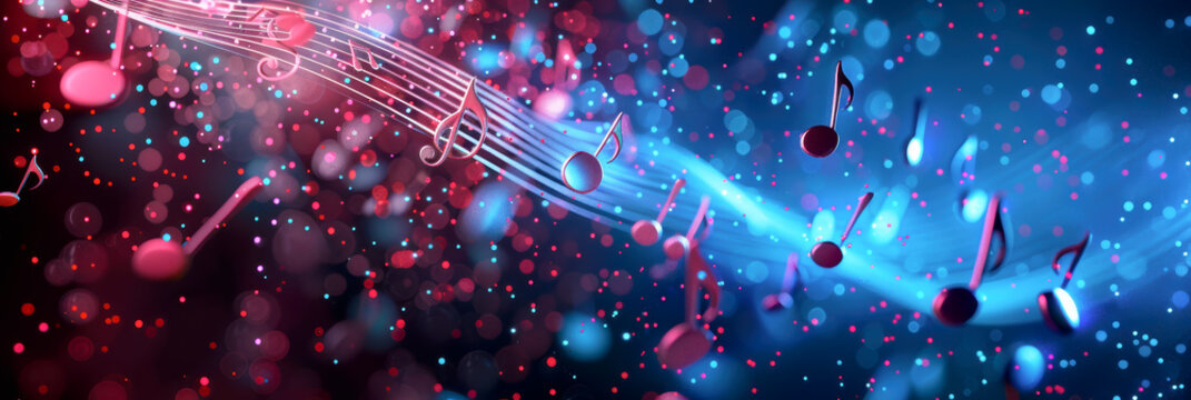 Music notes and music staft floating and spreading hyper realistic abstact banner template background.
