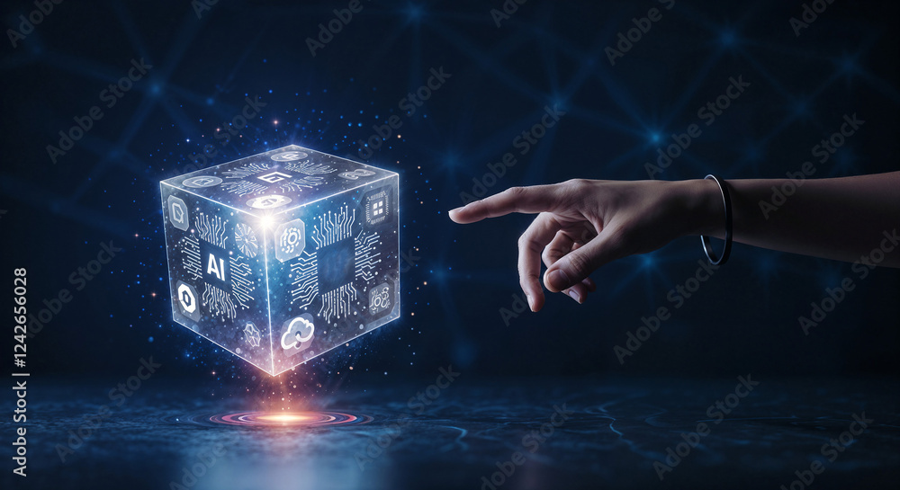 Poster hand pointing to digital isometric cube abstract digital background. generative ai