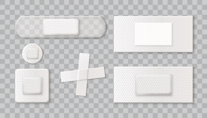 Medical band aid plaster collection - white and transparent adhesive patches in various shapes with dotted surface texture and absorbent pads. Emergency items for cuts, bruises and wound treatment.