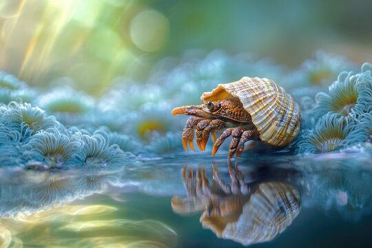 A hermit crab delicately perched on a seashell, mirrored in the tranquil water, surrounded by serene aquatic flora.