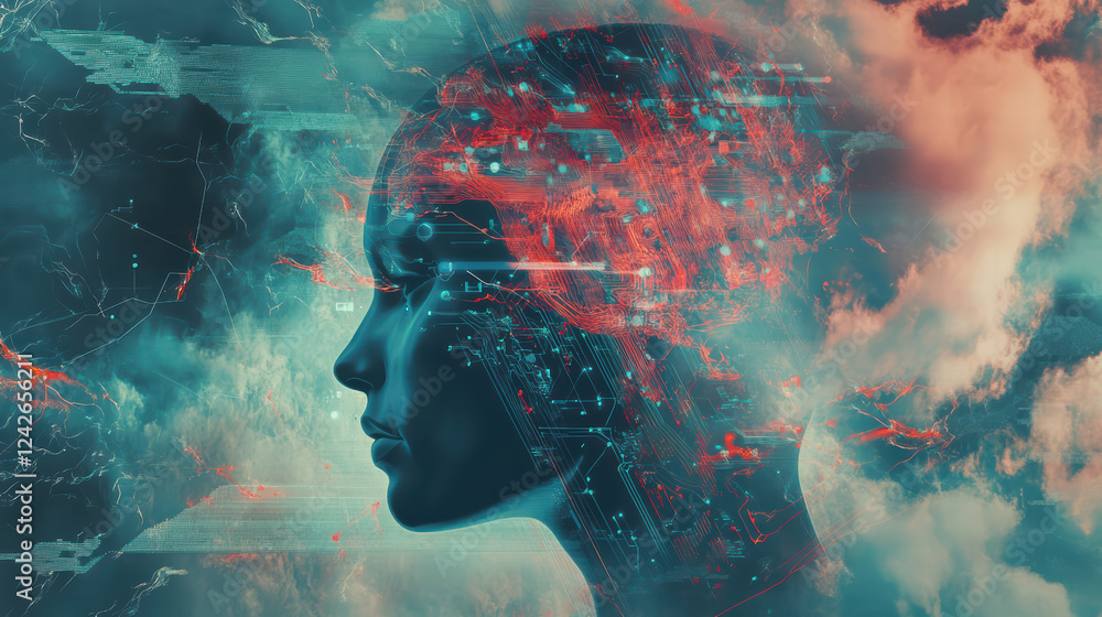 Poster abstract representation of artificial intelligence with human silhouette, showcasing digital circuit