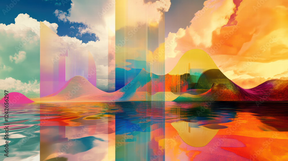 Aufkleber vibrant abstract representation of cloud computing with colorful waves and reflections in water, sho