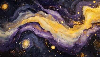 Cosmic River of Gold and Purple: An abstract painting depicting a swirling river of gold and purple, resembling a celestial galaxy with glittering stars.