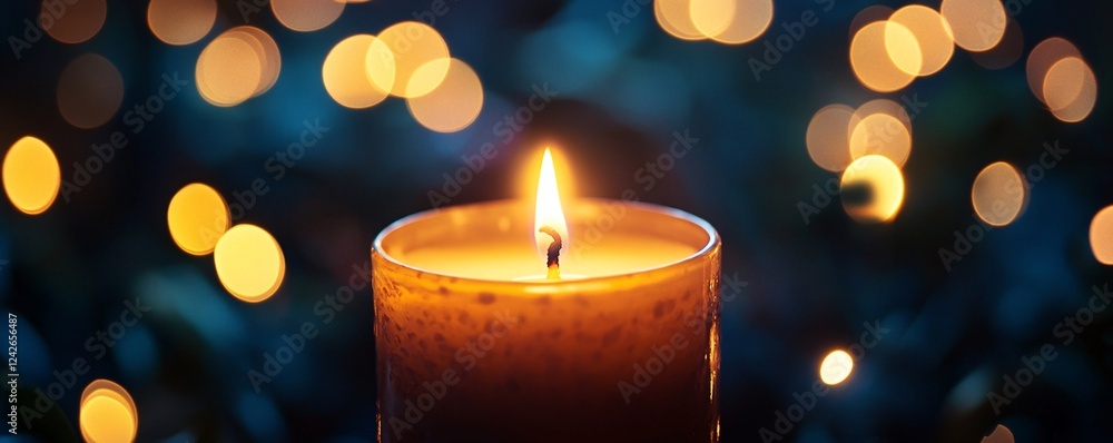 Poster Flickering candle is setting a cozy ambiance with bokeh lights in the background