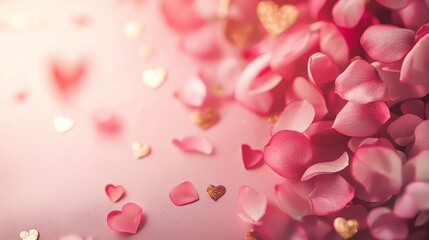 Valentine mockup card and heart background minimal. Delicate Descent of Rose Petals and Hearts Symbolic of Love Passion and Romance Soft Pink Tones.