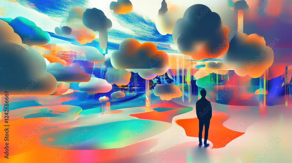 Poster vibrant abstract representation of cloud computing systems, featuring colorful clouds and solitary f