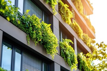 Modern Green Building Facade with Lush Plants and Windows