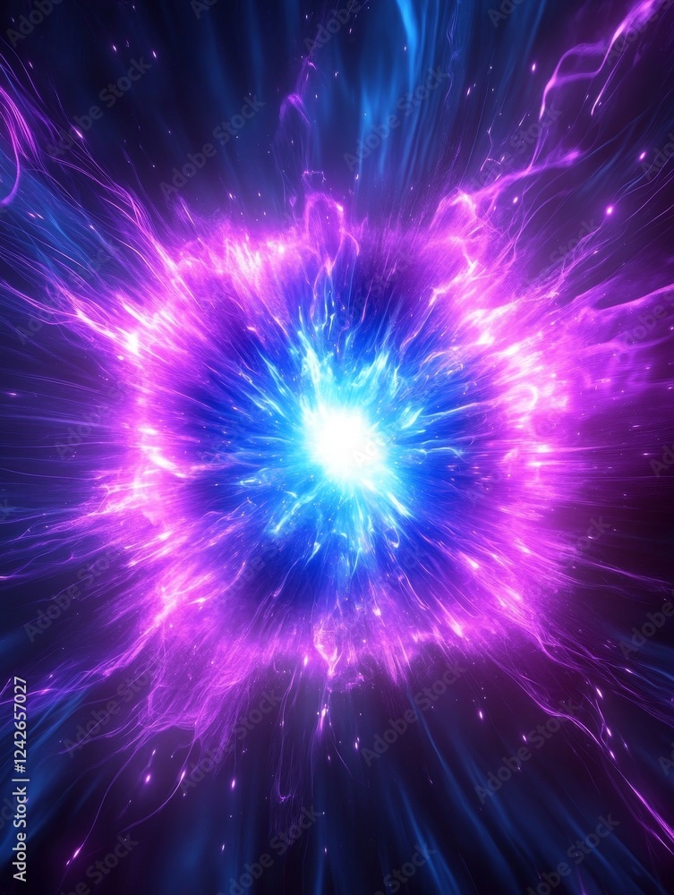 Poster cosmic energy burst - vibrant purple and blue energy explodes from a central point, creating a dynam