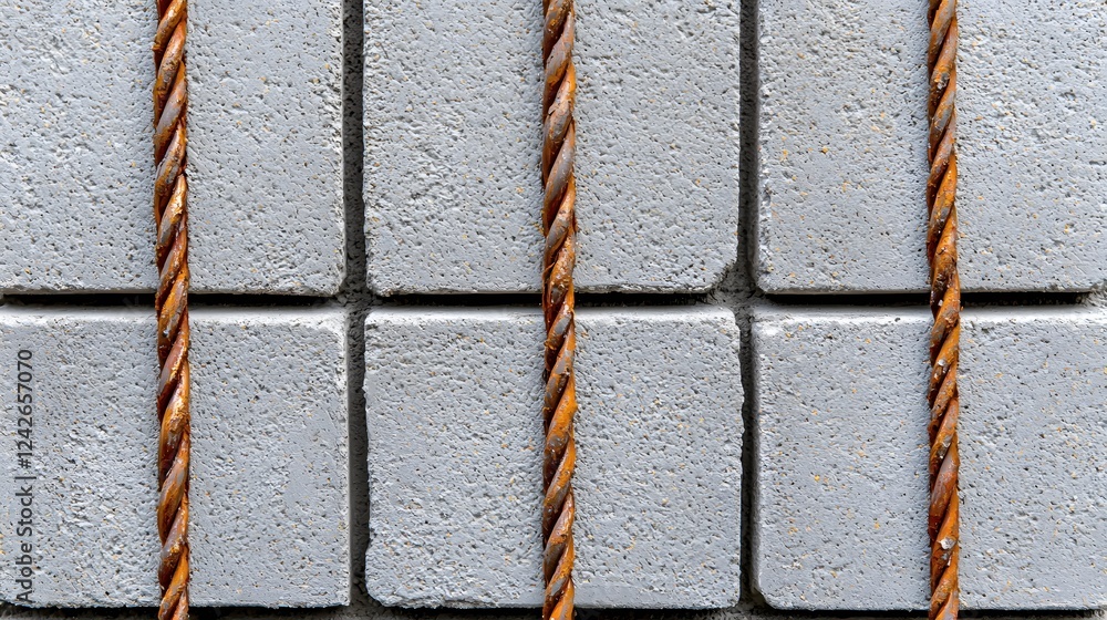 Poster rusty wire mesh on grey concrete block wall modern industrial background texture