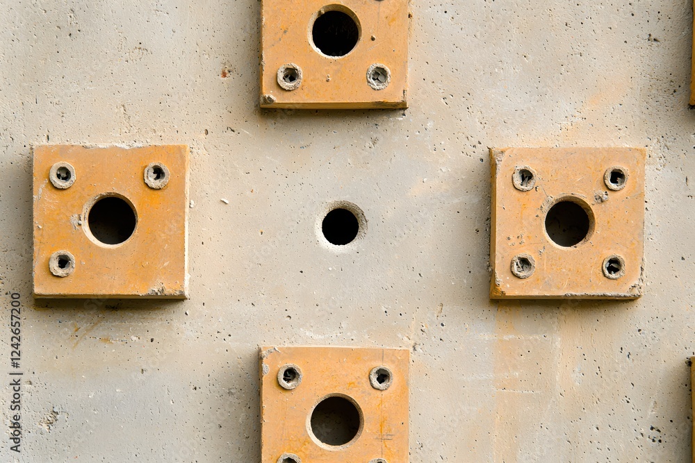 Poster abstract concrete wall pattern with orange blocks and holes industrial design texture background