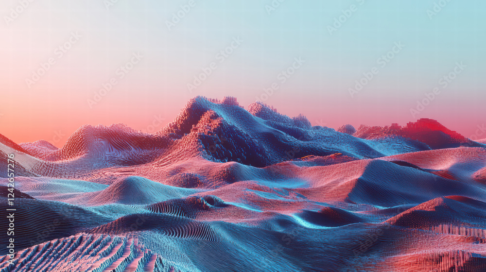 Poster abstract digital landscape visualization featuring colorful, textured mountains and valleys. scene e