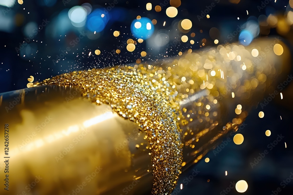 Poster golden glitter sparkles flowing on metallic surface abstract background