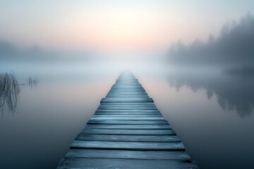 Obraz premium Wooden pier extending into misty water at sunrise