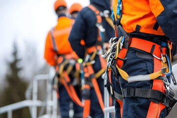 Industrial Workers Safety Harness Teamwork  Construction Site
