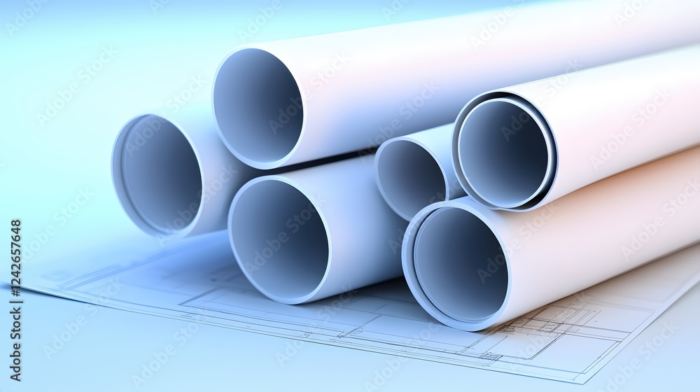 Poster Architectural Blueprints Rolled Up Closeup View Design Plans Engineering Construction Project